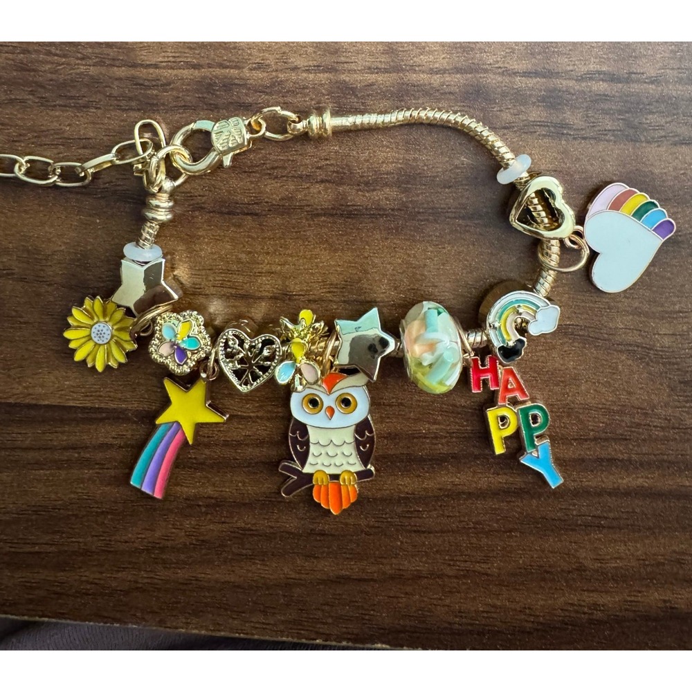 NEW Charm Bracelet | Girls/Women | Gold Tone | Happy | Hearts | Rainbow